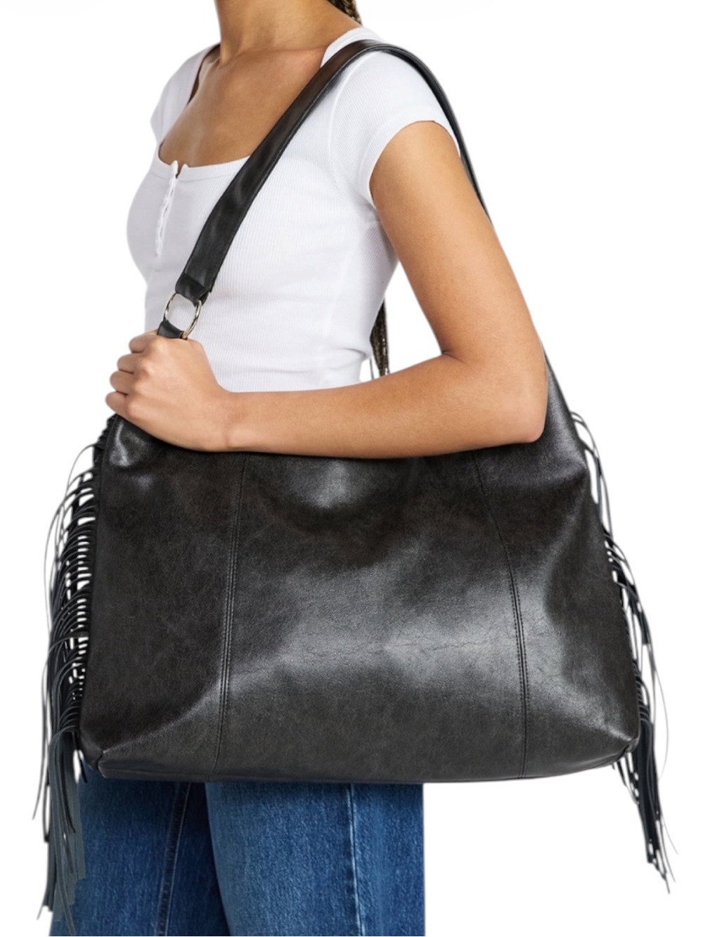 NO BOUNDARIES Faux Leather Oversized Moto Gobo Bag with Fringe NWT